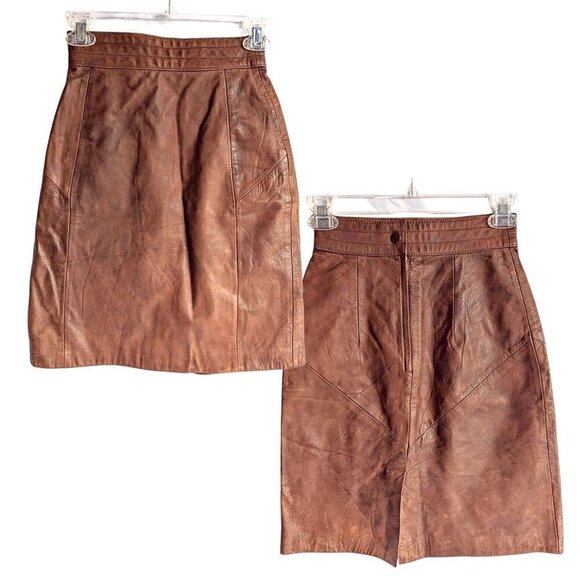 Vintage 70s Nordstrom BRASS PLUM Brown Leather Miniskirt Boho Hippie Size 1 - Picture 1 of 5